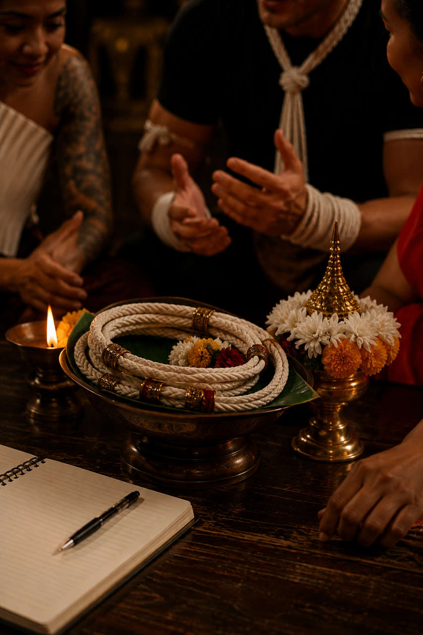 Detalle ceremonial: cuerdas, flores y velas sobre bandeja de latón